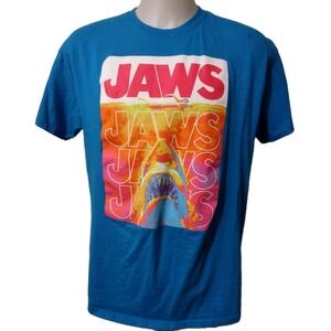 Jaws T-Shirt Men's Size XL Blue  Movie Poster Graphic Tee  Shark Attack  Cotton